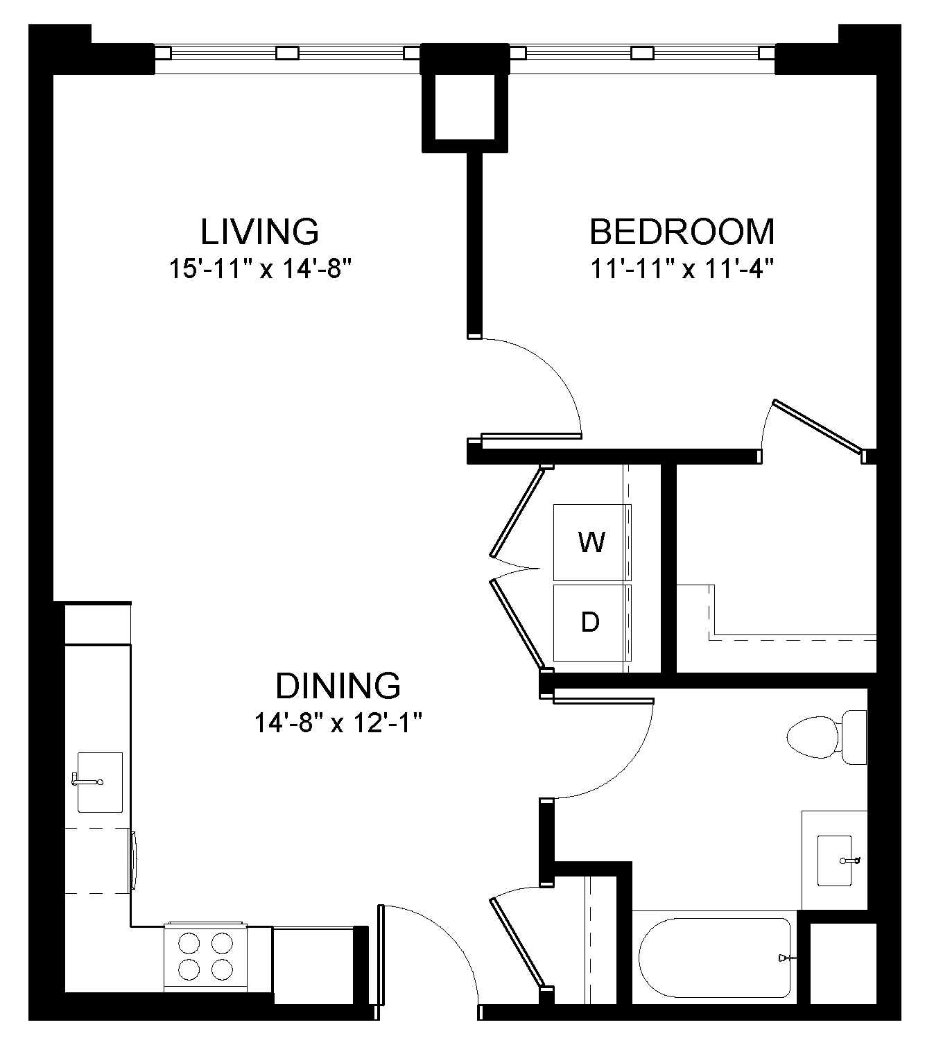 Floor plan for 1 bed, 1 bath, 694 sqft